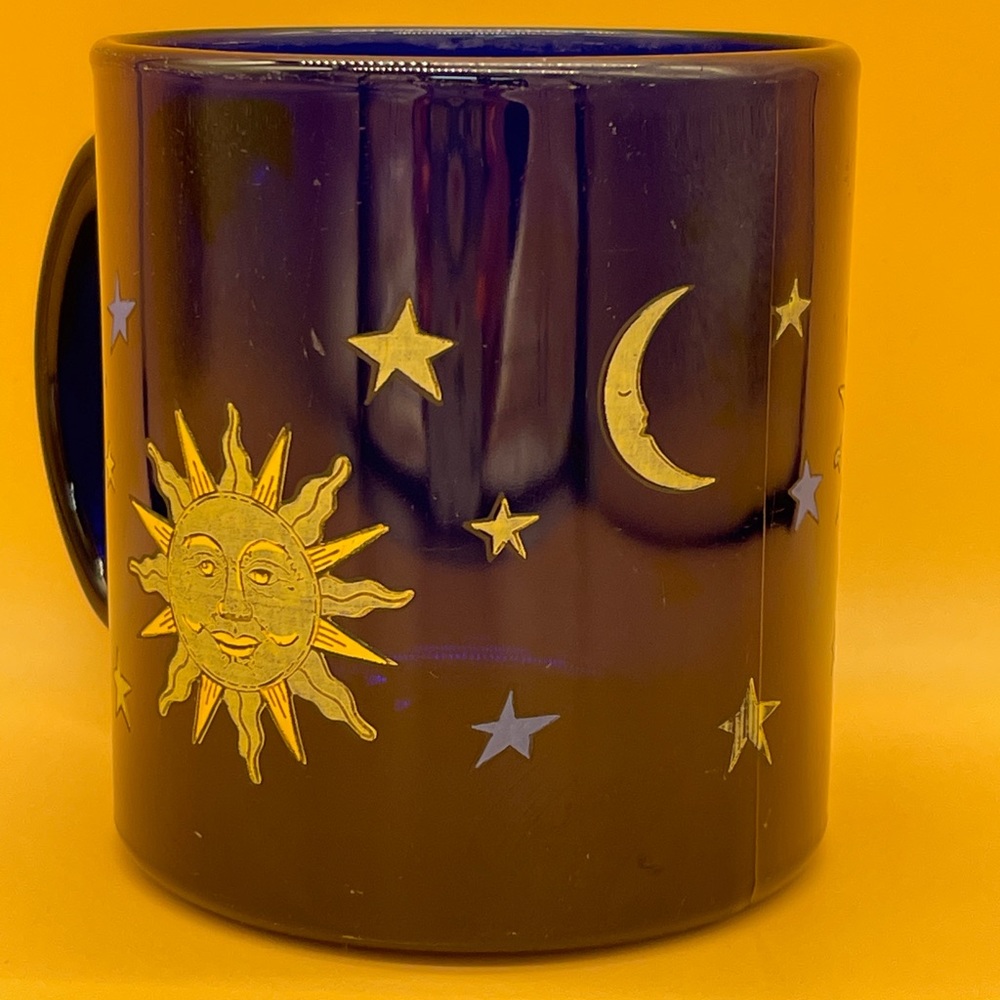 MCM Vintage Libbey Cobalt Blue Glass Friends Celestial MOON and STARs mug